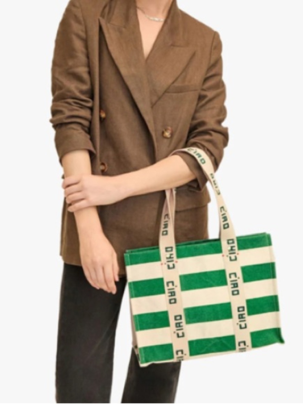 Clare V. Noemie Ciao Tote 
Striped Canvas Tote Bag - Green and Cream NWT